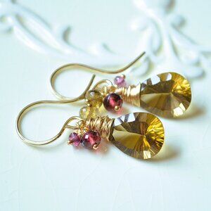 Beer Quartz Earrings with Rhodolite Garnets - Hand Made in Canada